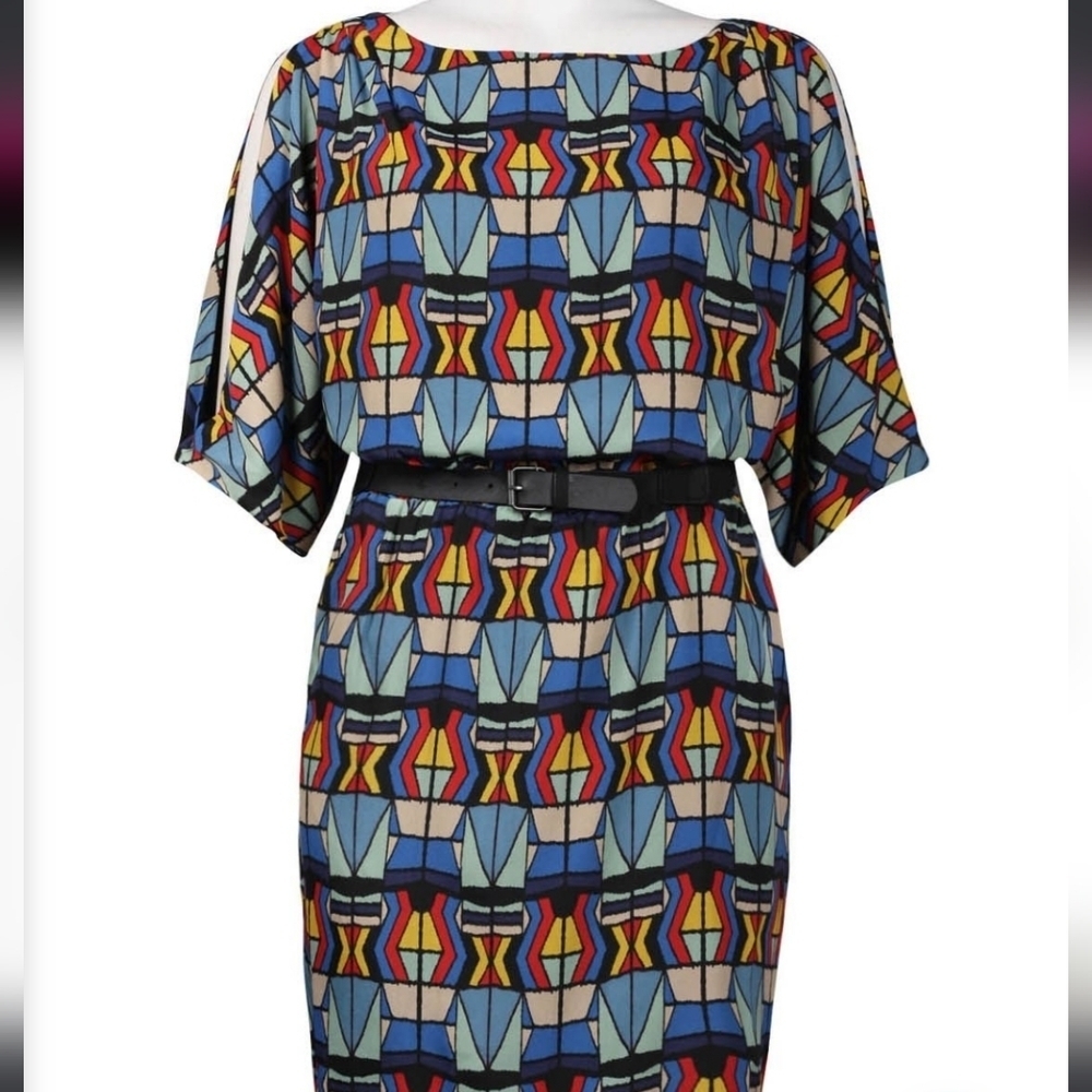 Jessica Simpson Dolman Slit Sleeve Multi Print  Crepe De Chine Blouson Dress NWT - Picture 1 of 8